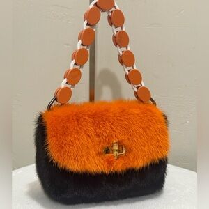 Colorblock Real Mink Fur Handmade Fold Over Flap Shoulder Bag, Includes 2 Straps